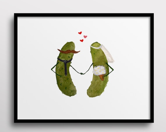 Whimsical Pickles Getting Married, Love Watercolor Art Print