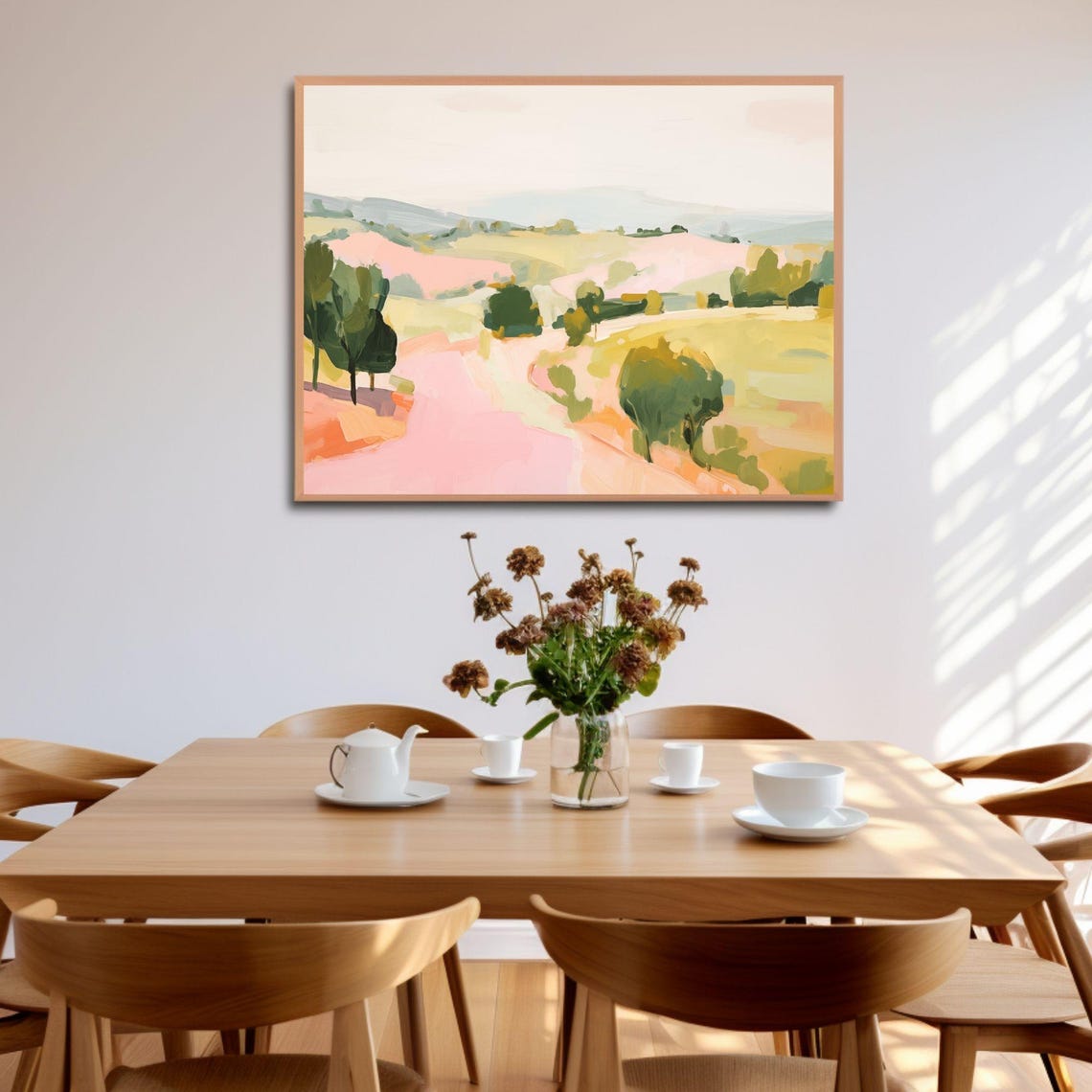 Pink and Yellow Rolling Hills with Green Trees Pastoral Poster - Image 2