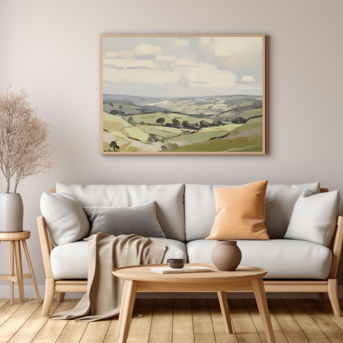 Muted Green Rolling Hills Under Cloudy Sky Rustic Landscape Poster - Image 3