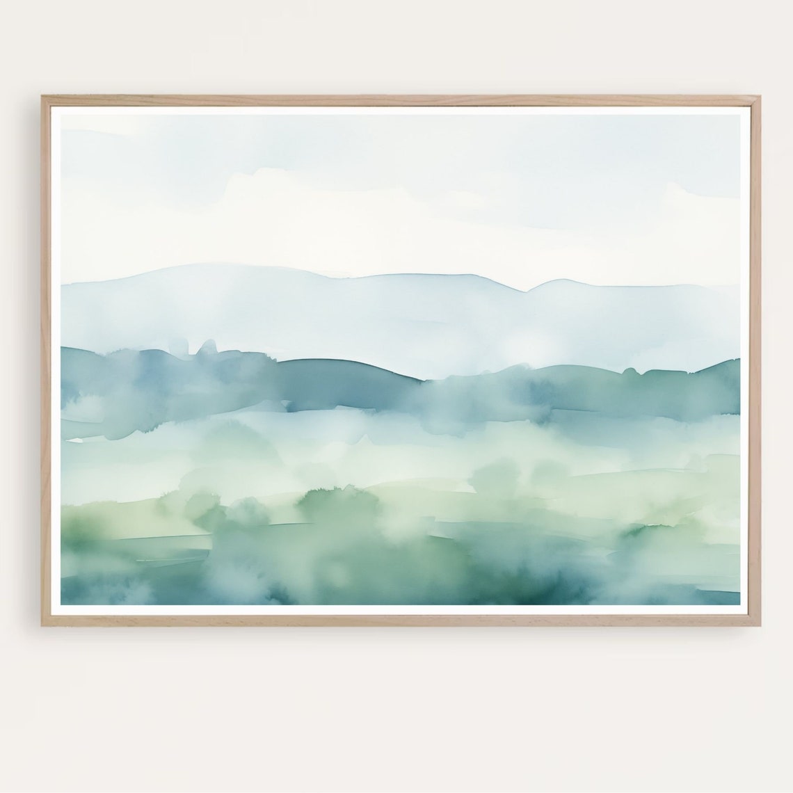 Layered Teal Mountain Ranges Beneath Misty Blue Sky Watercolor Poster