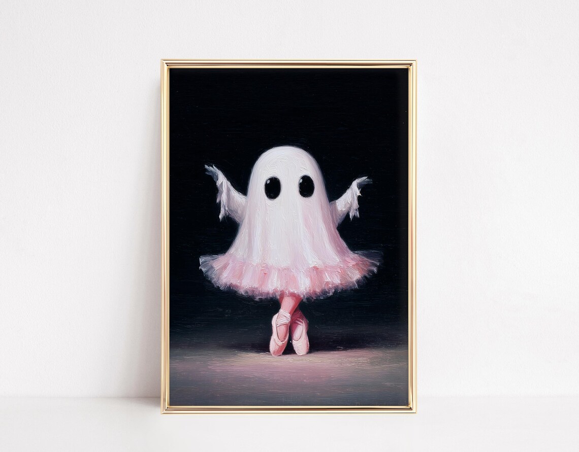 Pink Ghost Ballerina, Whimsical Halloween Ballet Art Print