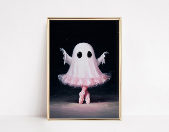 Pink Ghost Ballerina, Whimsical Halloween Ballet Art Print