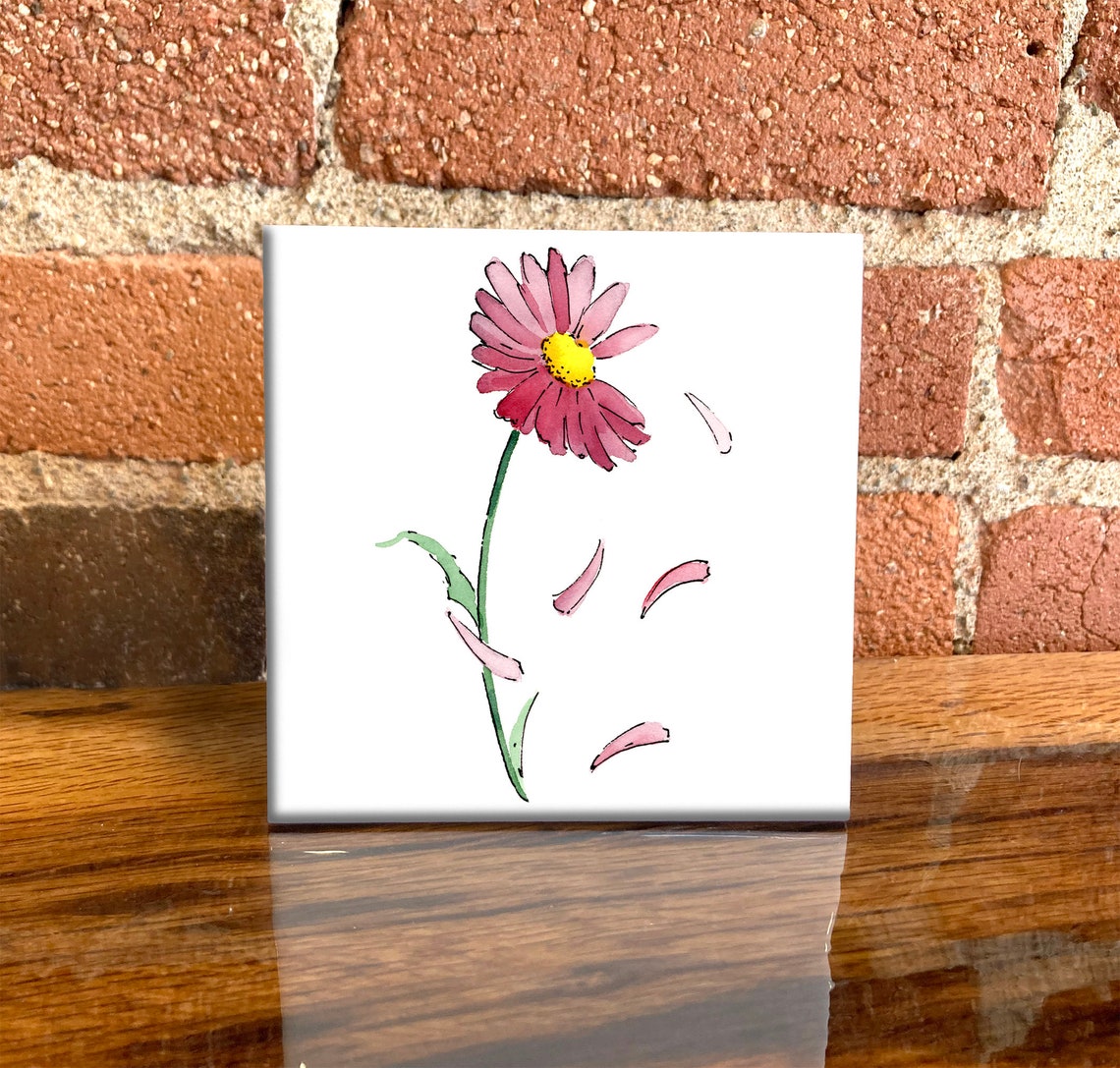 Pink Daisy with Falling Petals Watercolor Floral Tile Poster