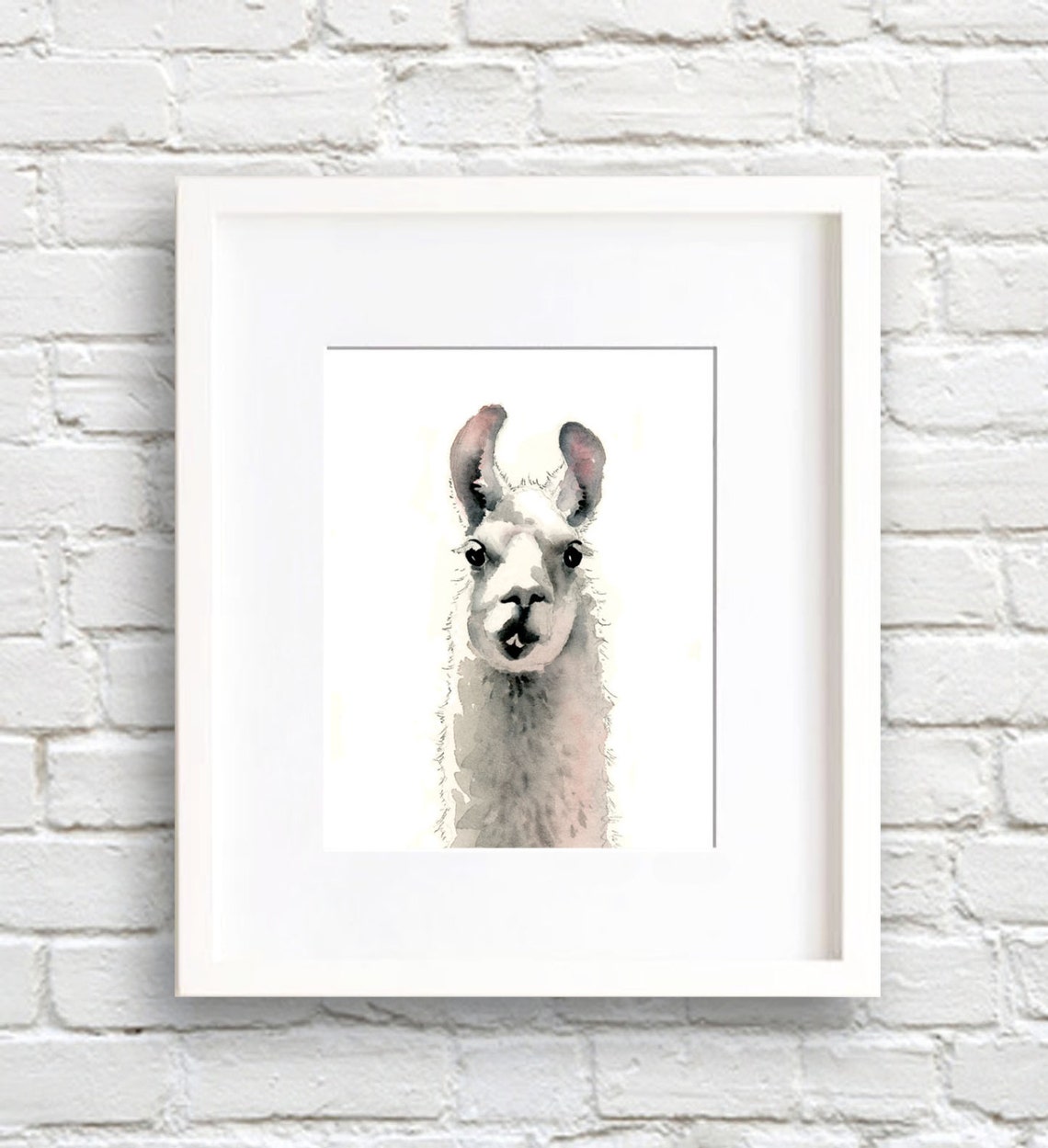 Sweet White Llama Looking Ahead Watercolor Cute Nursery Animal Poster
