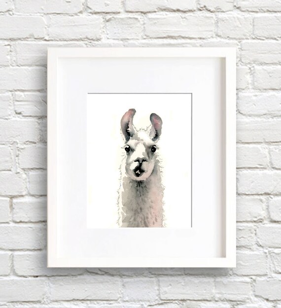 Sweet White Llama Looking Ahead Watercolor Cute Nursery Animal Poster