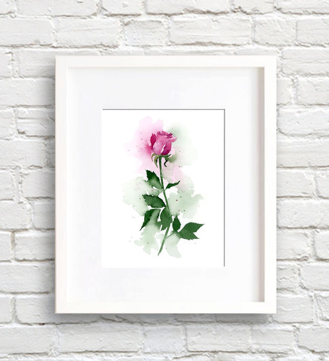 Delicate Pink Rose Stem Watercolor Floral Botanical Wall Poster