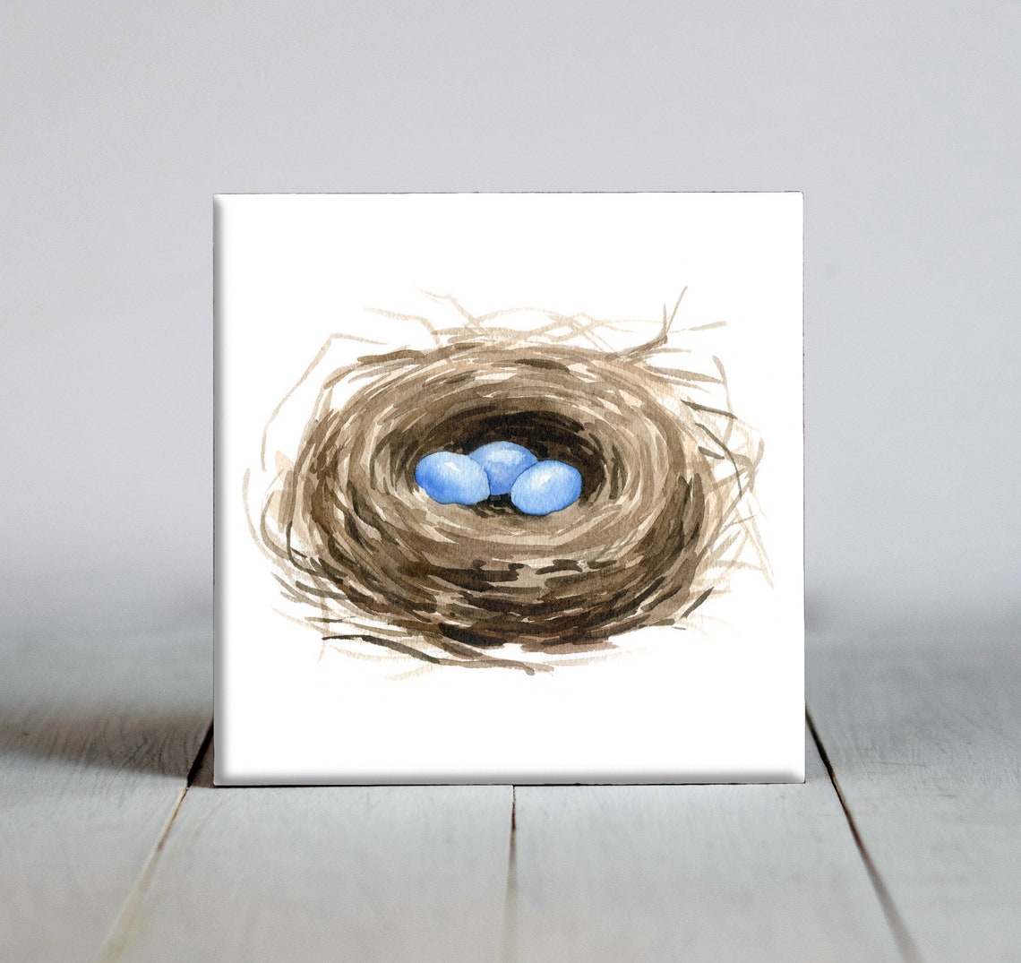 Woven Bird Nest With Three Blue Eggs Watercolor Spring Poster