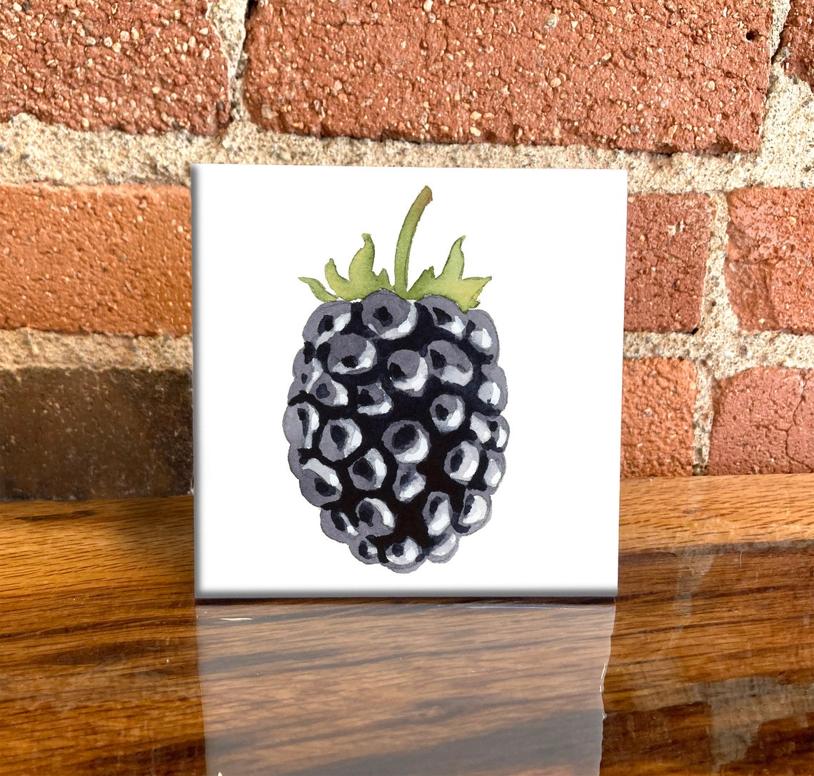 Ripe Blackberry Watercolor Painting on Square Ceramic Tile Print