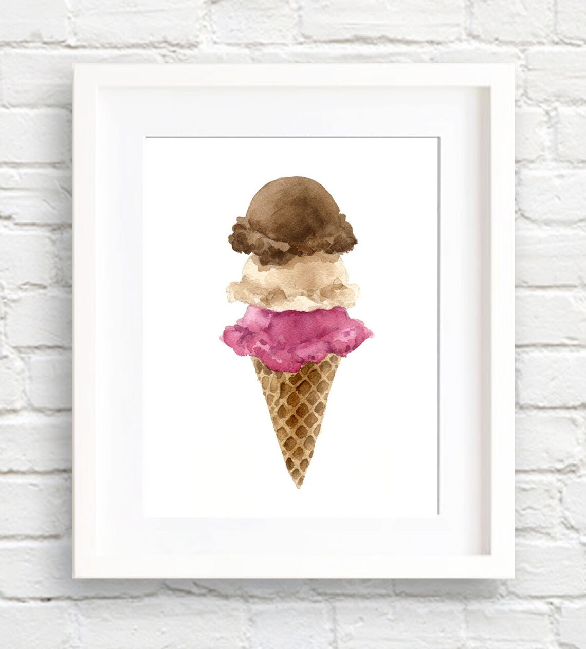 Ice Cream Cone Watercolor Art Print, Kitchen Decor