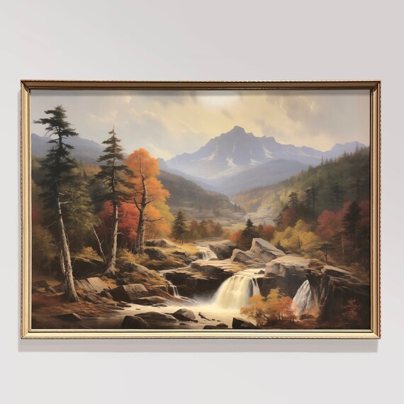 Autumn Waterfall Rocky Valley Mountain Peak Vintage Fall Poster