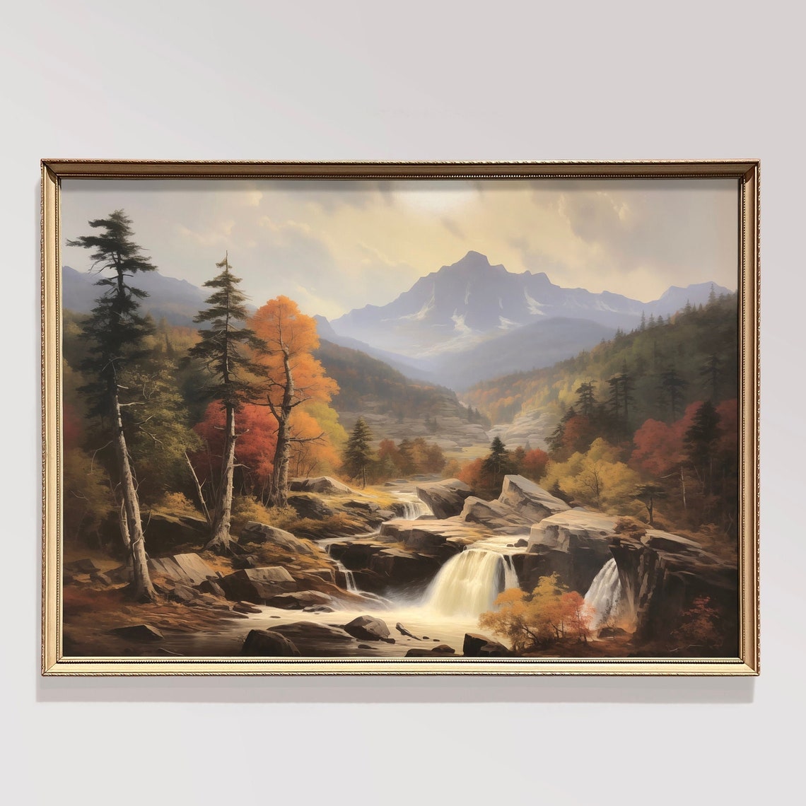 Autumn Waterfall Rocky Valley Mountain Peak Vintage Fall Poster
