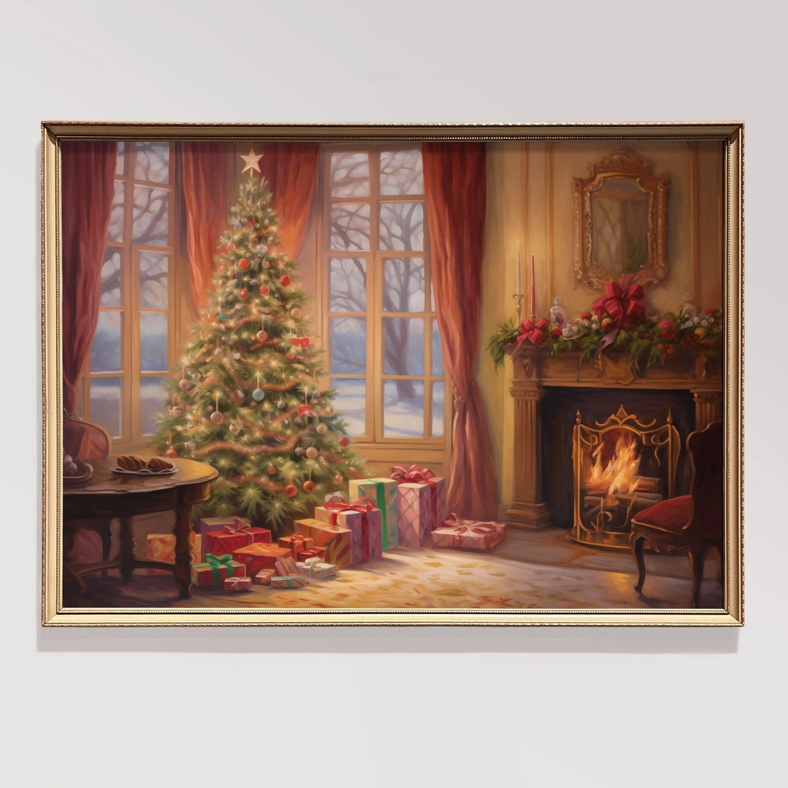 Elegant Christmas Parlor Tree Star Fireplace Gifts Holiday Poster