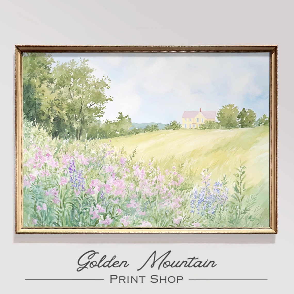 Spring Meadow Pink Wildflower Field Yellow House Watercolor Poster