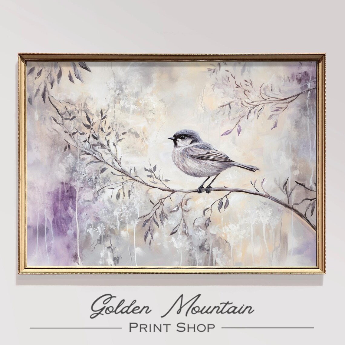 Gray Songbird on Branch Lavender Pastel Bird Painting Wall Art
