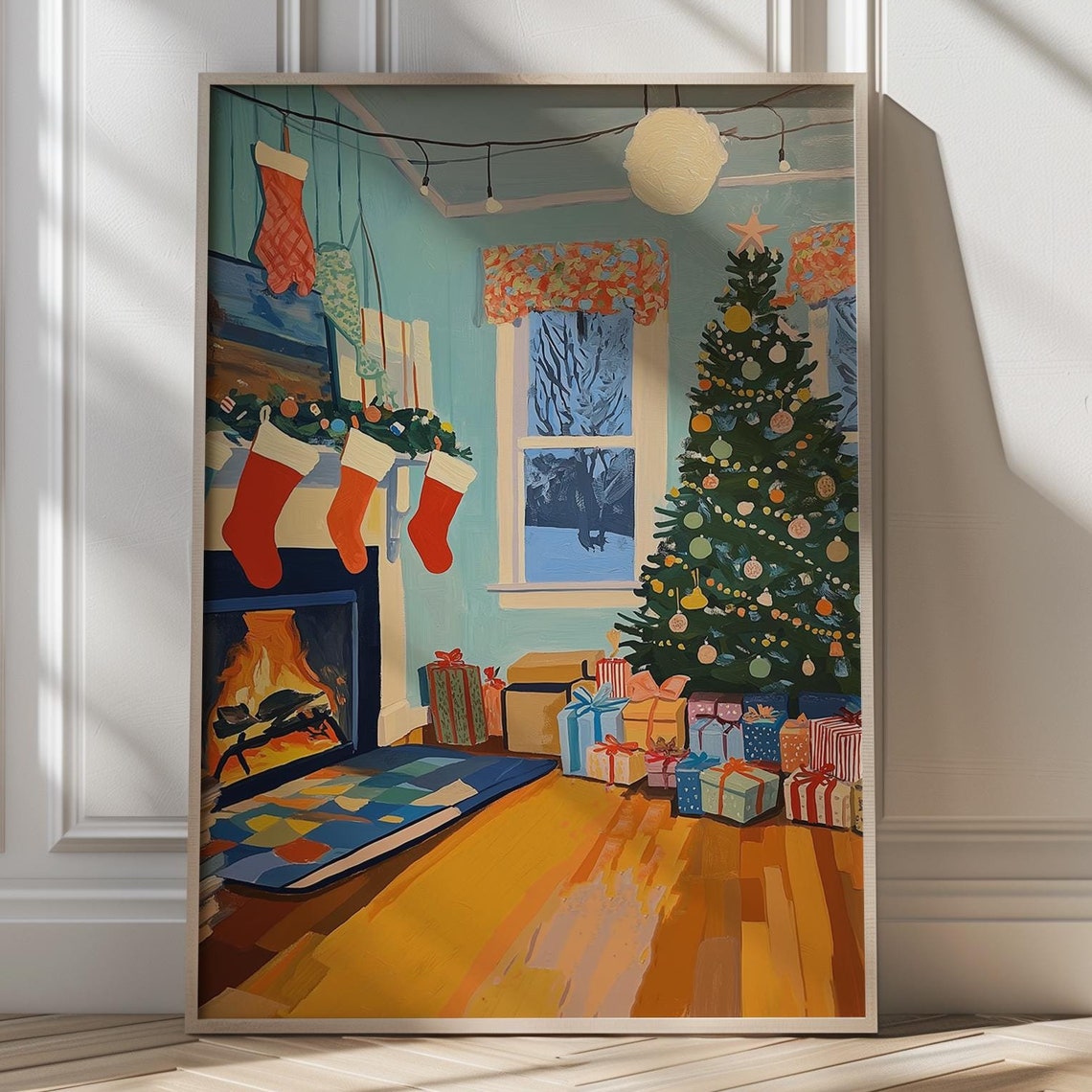 Cozy Christmas Room With Fireplace Stockings And Tree Poster