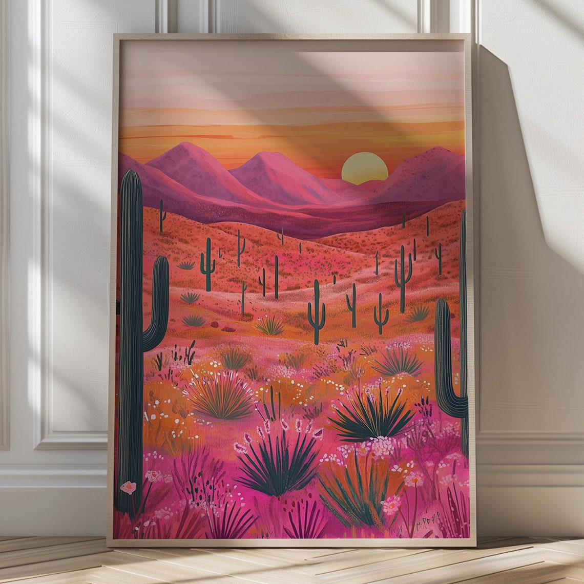 Pink Desert Sunset With Saguaro Cacti And Purple Mountains Poster