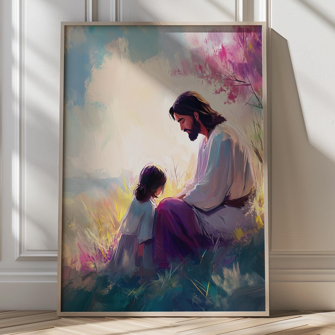 Jesus With a Child in a Colorful Meadow Christian Art Poster