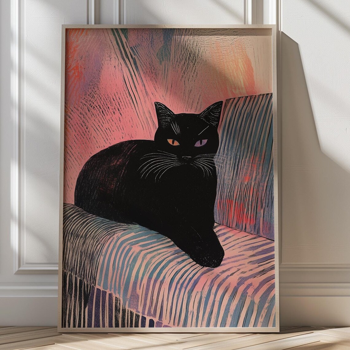 Black Cat Lounging On Striped Pink Sofa Modern Retro Art Poster