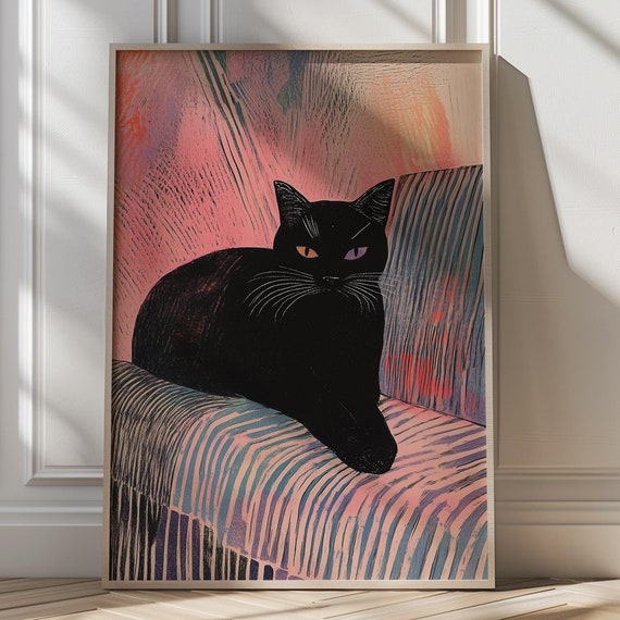 Bold Black Cat On The Sofa Print Colourful Wall Art Modern Cat Maximalist Decor Bedroom Print Cute Kitty Art Boho Cat Gift For Cat Lovers