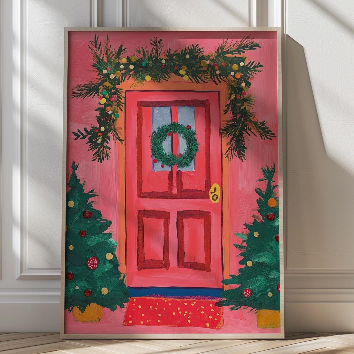 Pink Front Door With Christmas Garland And Whimsical Art Poster