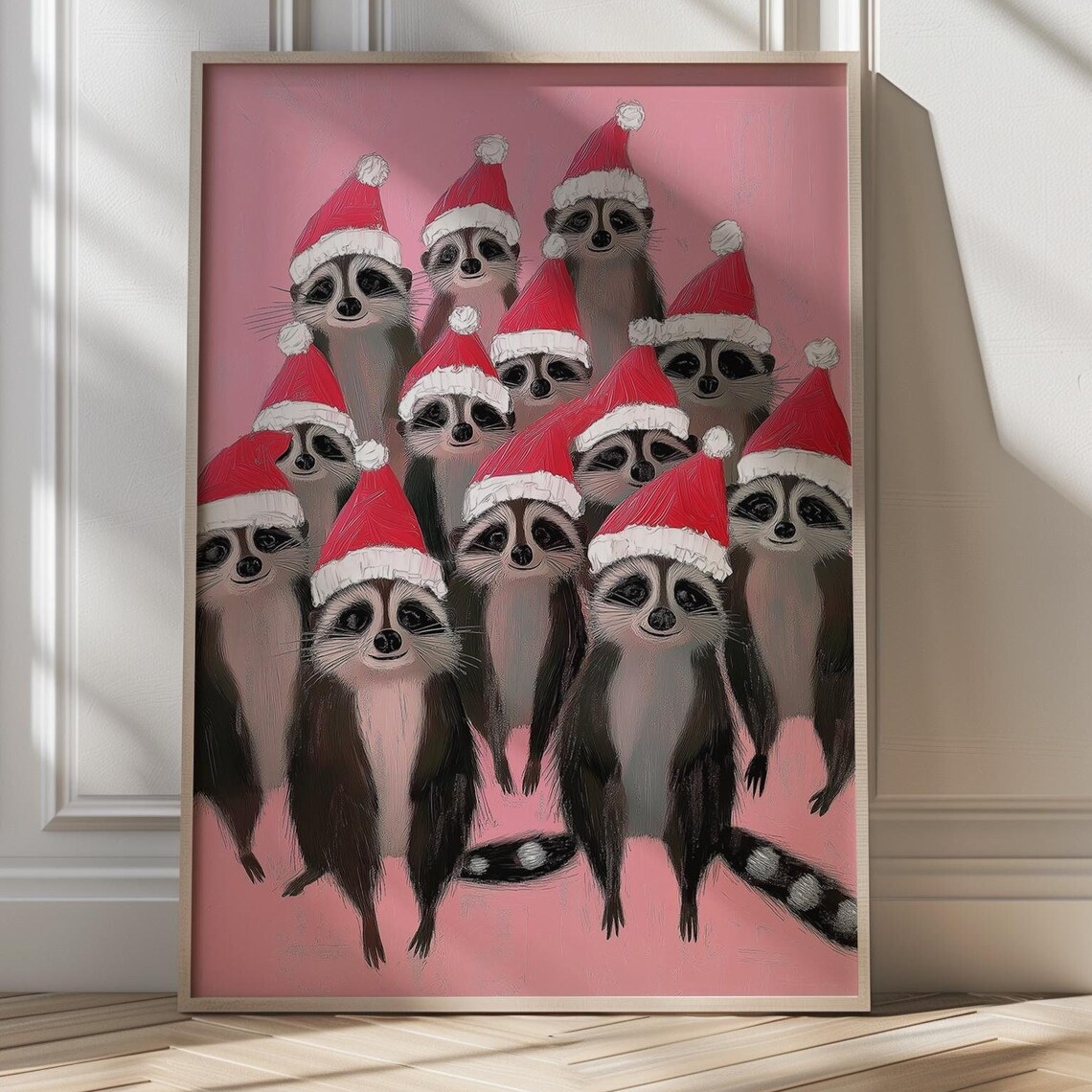 Raccoons Wearing Santa Hats Group On Pink Funny Holiday Poster