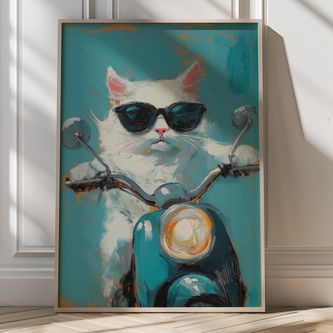 Cool White Cat in Sunglasses Riding Blue Scooter Funny Art Poster