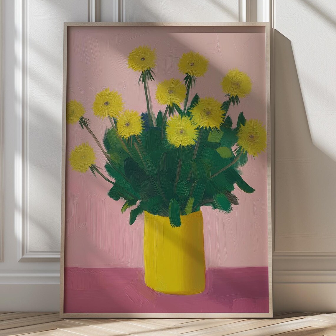 Yellow Dandelions in Yellow Vase Cheerful Spring Floral Poster