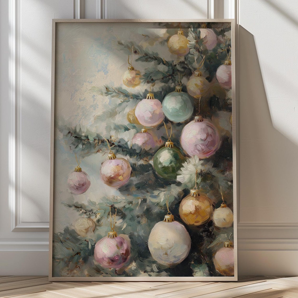 Pastel Christmas Baubles On Frosted Pine Branches Art Poster