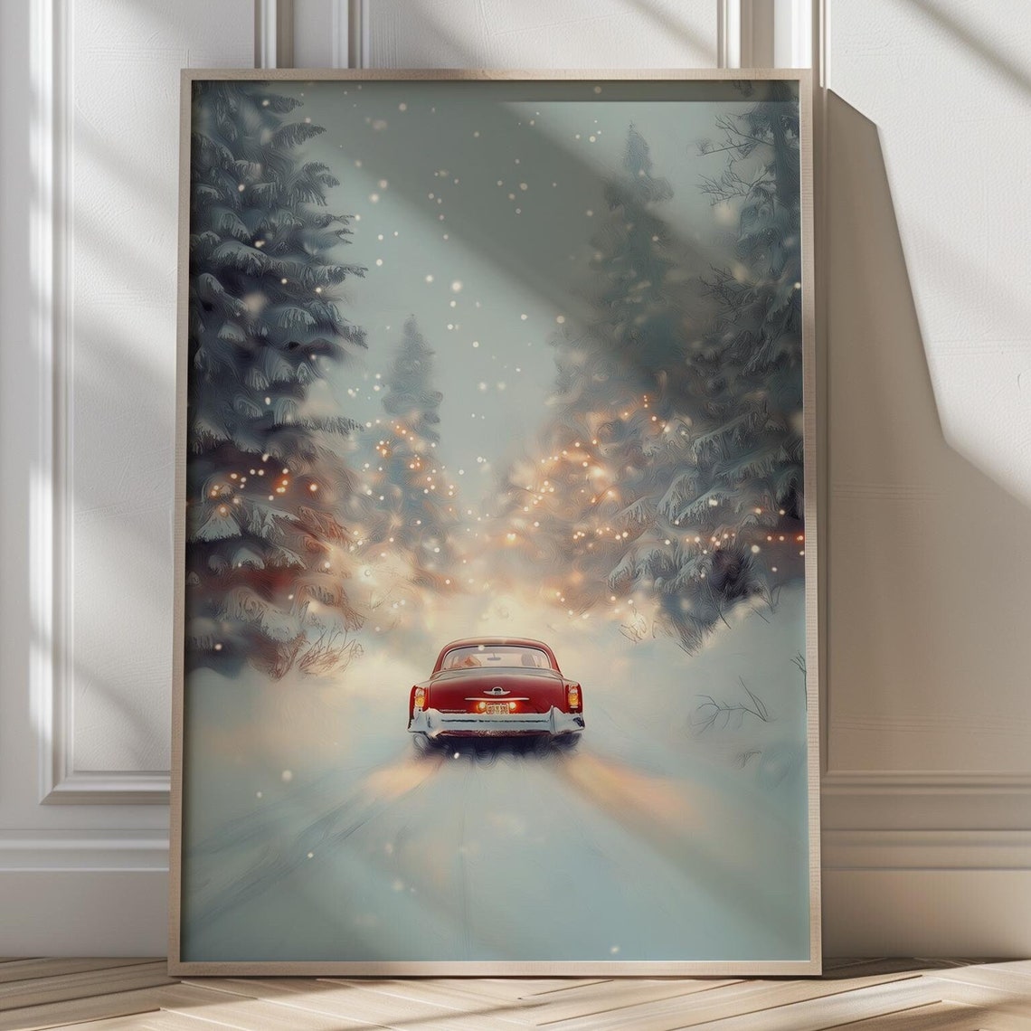 Red Vintage Car Driving Through Snowy Christmas Forest Poster