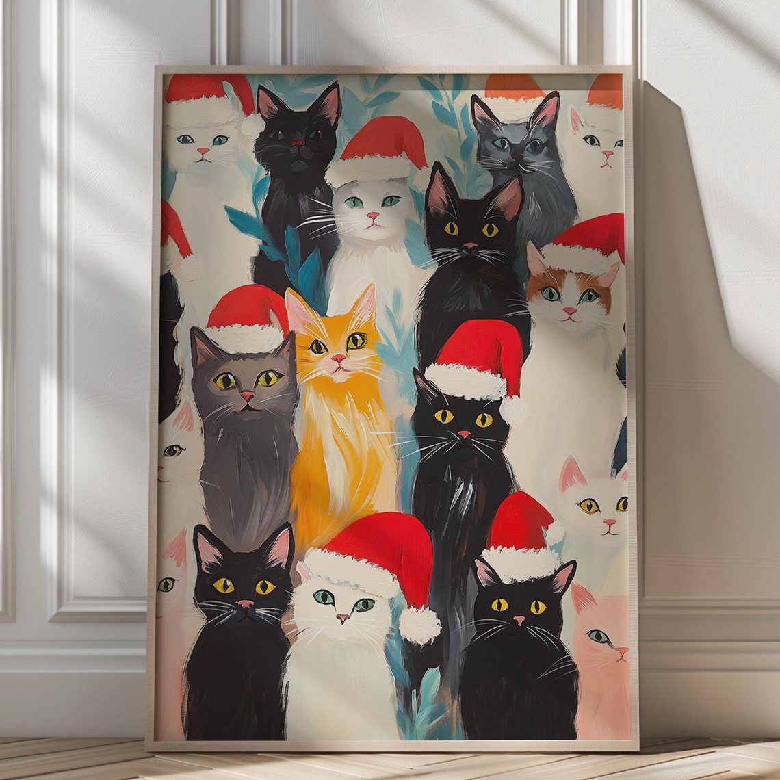 Festive Cat Crowd With Santa Hats Colorful Christmas Cat Lover Poster