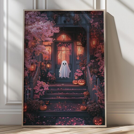 Cute Ghost on Haunted Porch Halloween Art Poster Spooky Fall Wall Decor