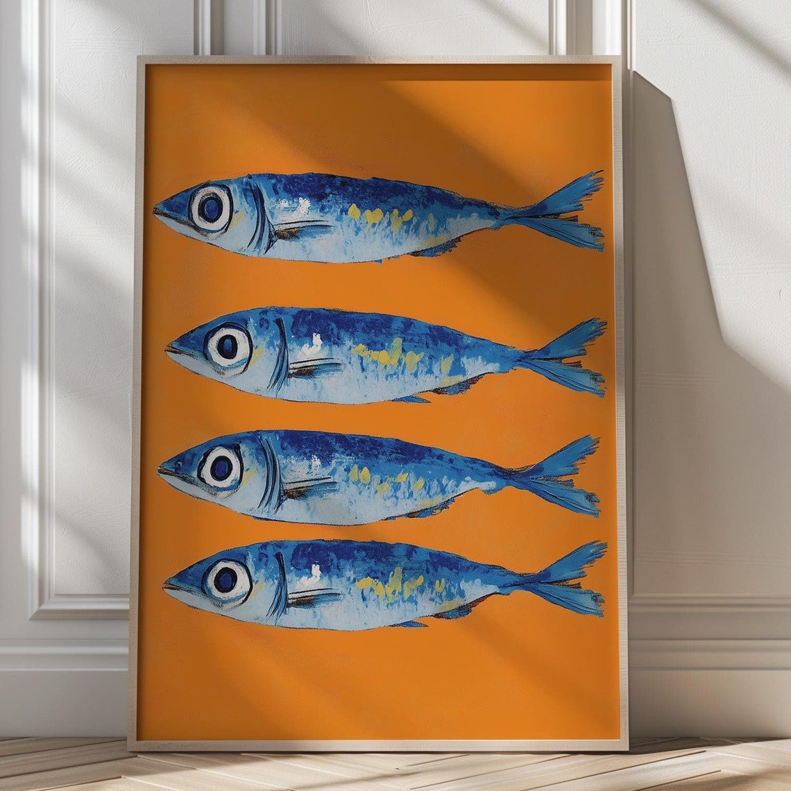 Blue Sardine School Four Fish Bold Orange Retro Kitchen Poster