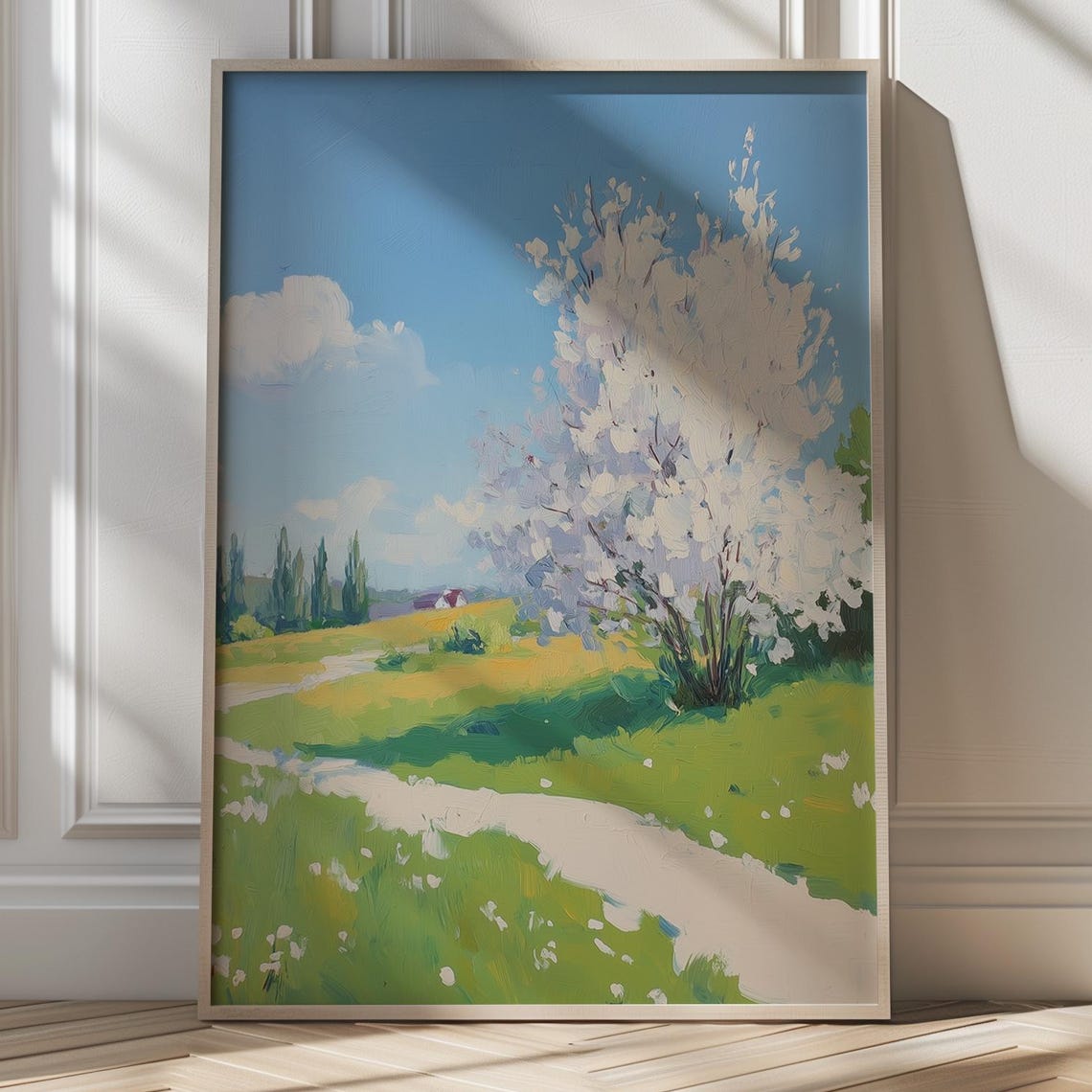 Impressionist Blooming White Tree Spring Meadow Path Art Poster