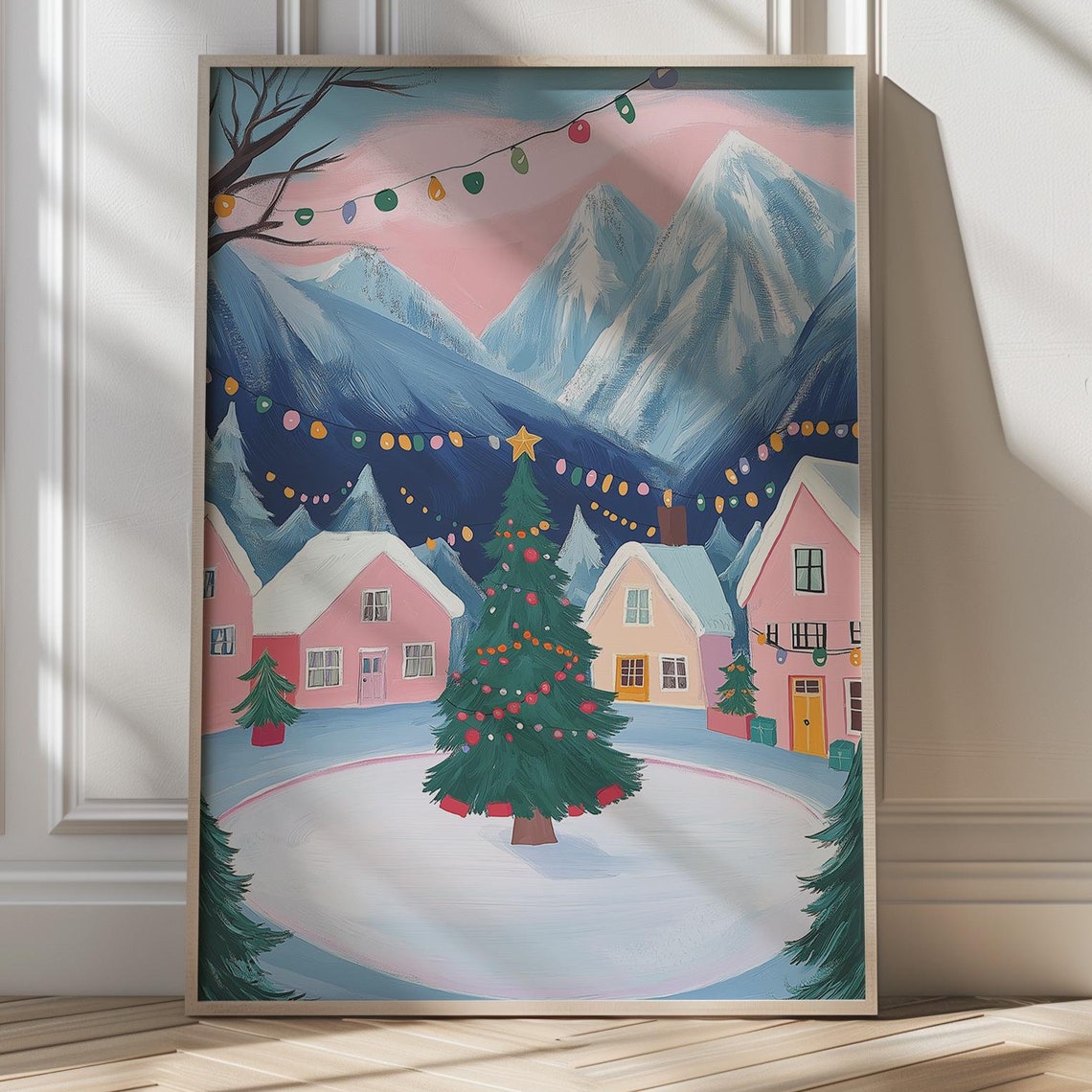 Pretty Pink Mountain Village Christmas Tree Scene At Night Poster