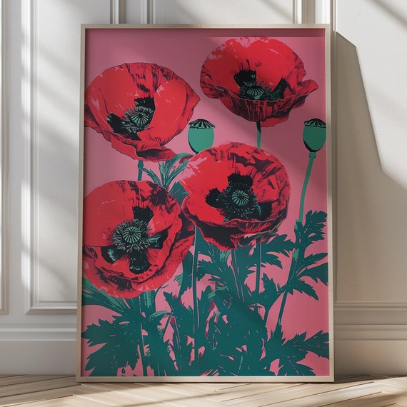 Bold Poppy Art Print Colorful Floral Wall Decor Maximalist Red Flower Painting Art Trendy Home Living Room Decor Dopamine Decor
