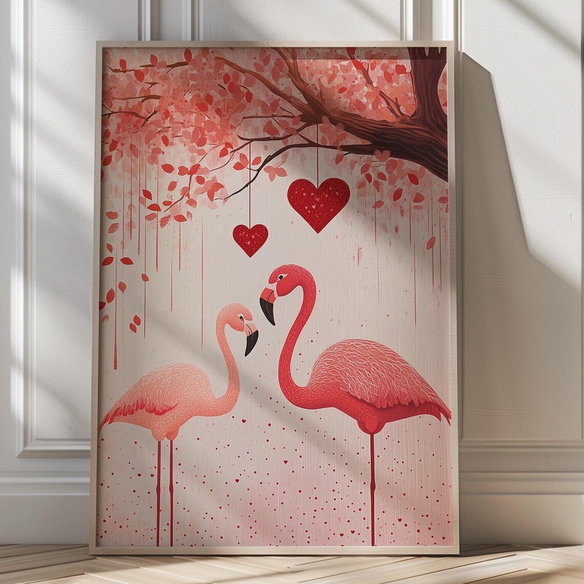 Flamingo Couple Valentine Red Hearts Romantic Love Bird Poster