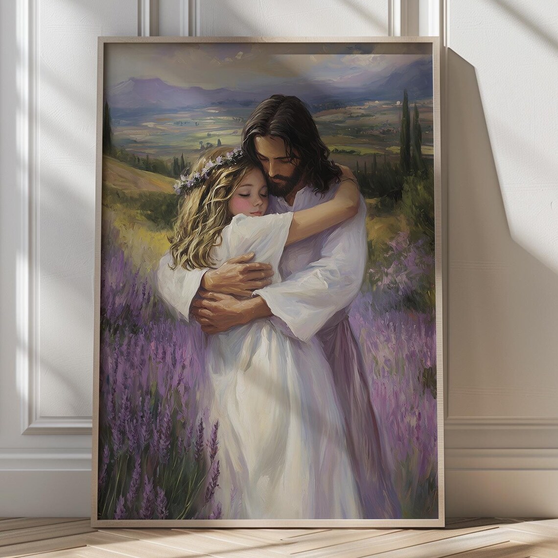 Jesus Hugging a Young Girl in a Lavender Field Christian Poster