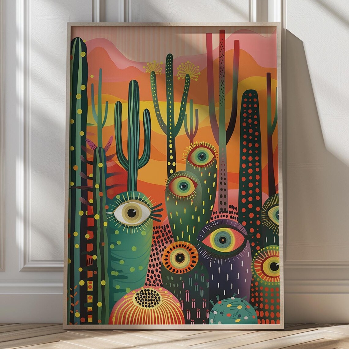 Surreal Cacti With Watching Eyes Under A Sunset Sky Desert Poster