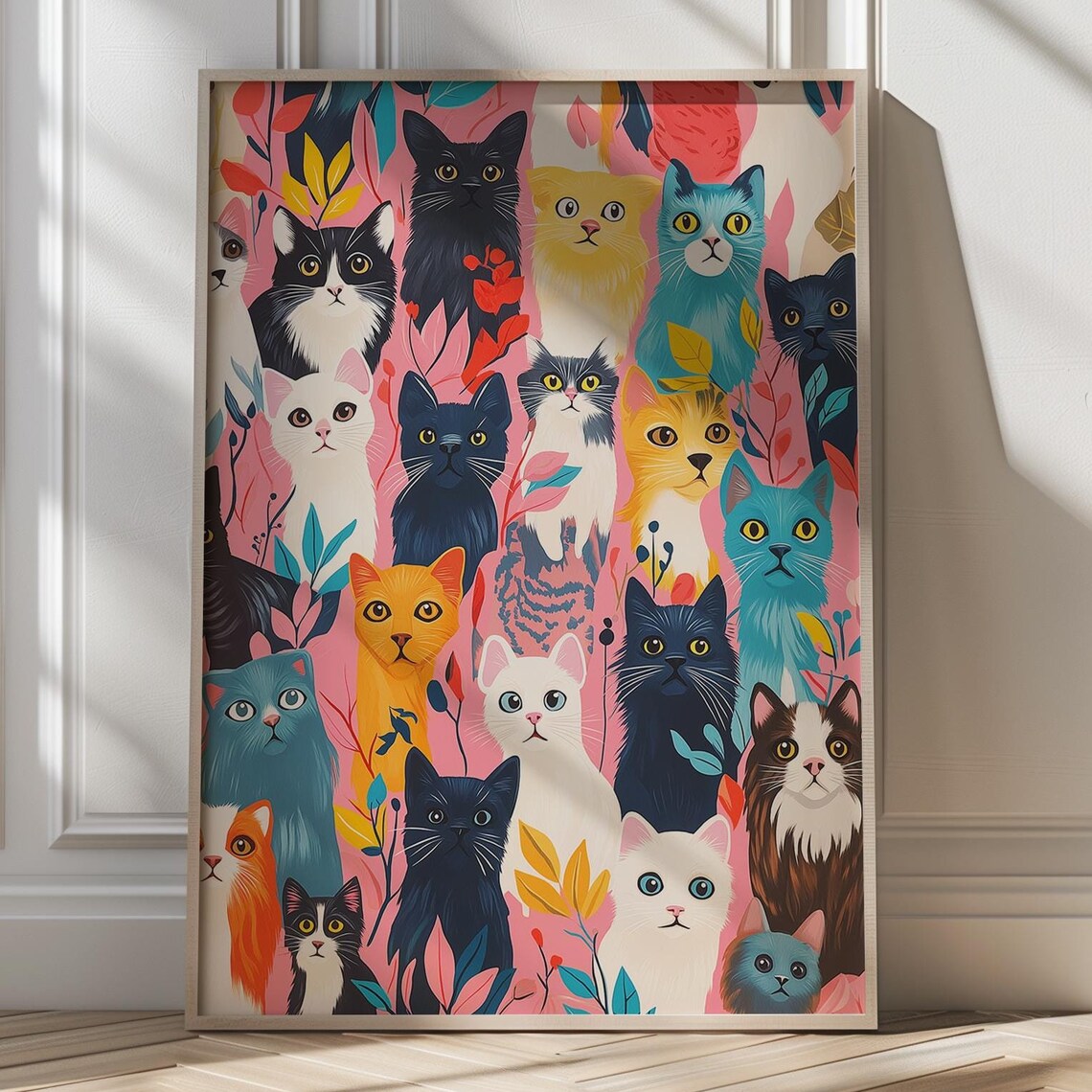 Colorful Cats Collage With Foliage Pink Cat Lovers Art Poster