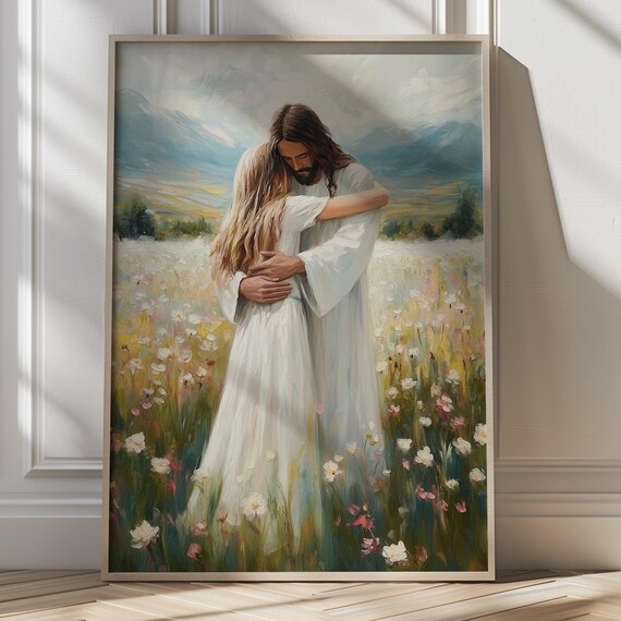 Jesus Tenderly Embracing a Woman in a Wildflower Field Poster