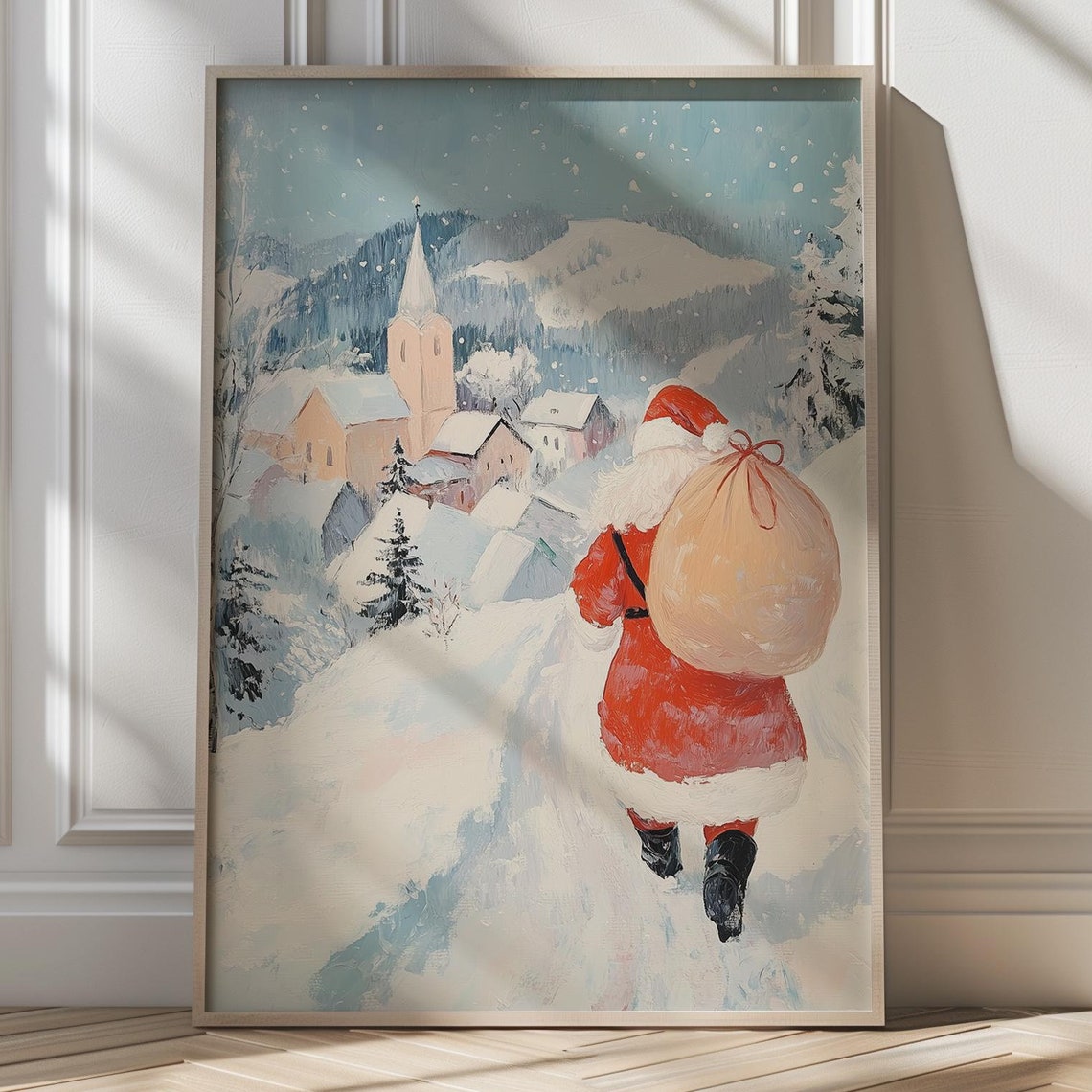 Santa Claus Carrying A Gift Sack To A Snowy Village Church Poster