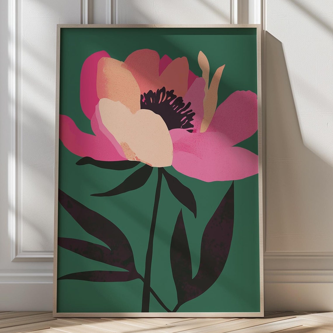 Pink Peony Bloom On Deep Emerald Green Elegant Floral Poster