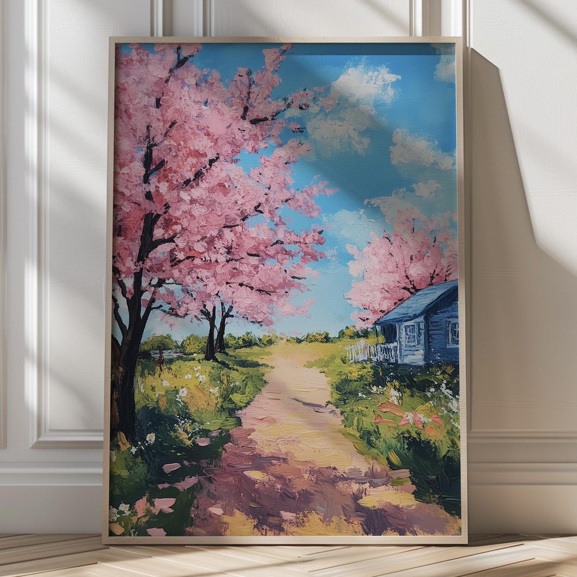 Cherry Blossom Path to Blue Cottage Spring Countryside Poster
