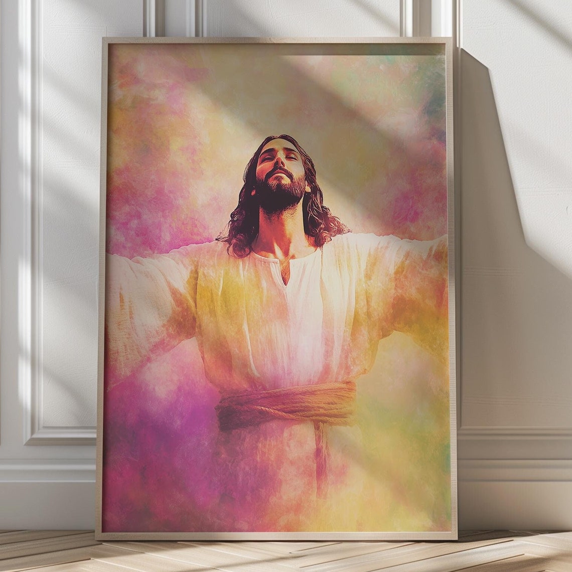 Jesus With Open Arms in Colorful Clouds Embrace Faith Poster