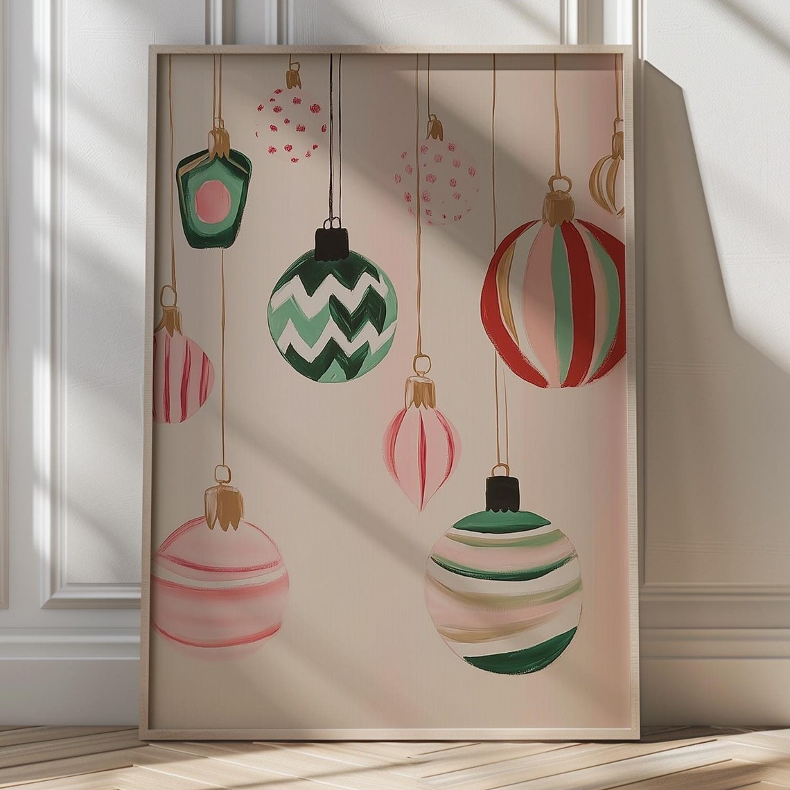 Pastel Striped Christmas Ornaments Hanging Minimalist Poster