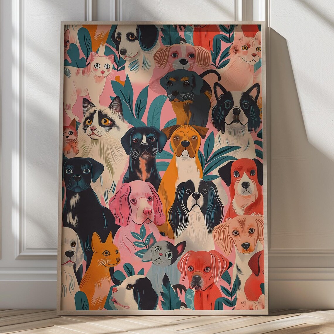 Whimsical Cats and Dogs Friends Collage Art Illustration Poster