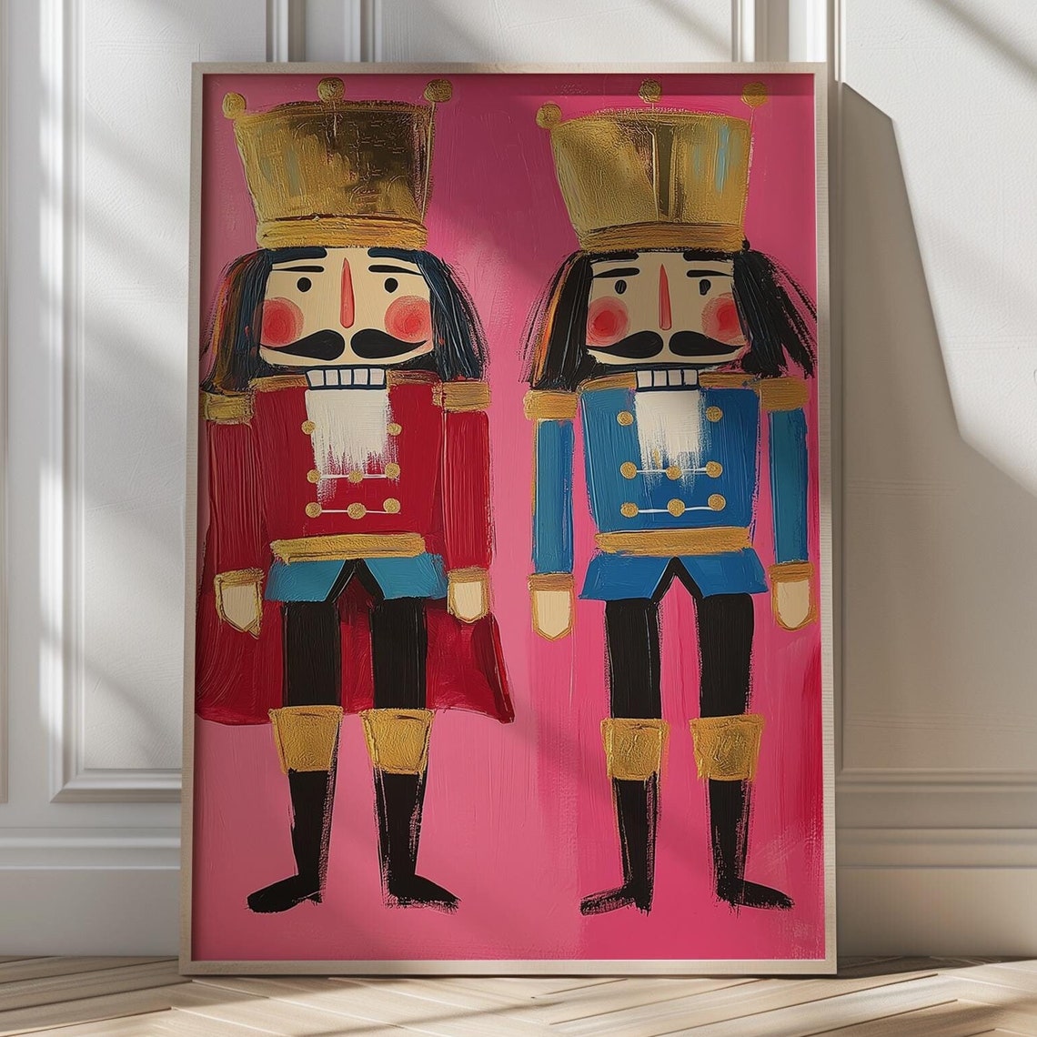 Nutcracker Duo In Red And Blue Uniforms On Pink Holiday Poster