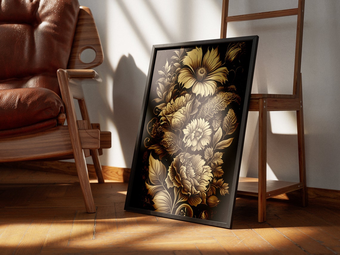 Elegant Cream Floral Artwork on Black Botanical Style Poster - Image 3