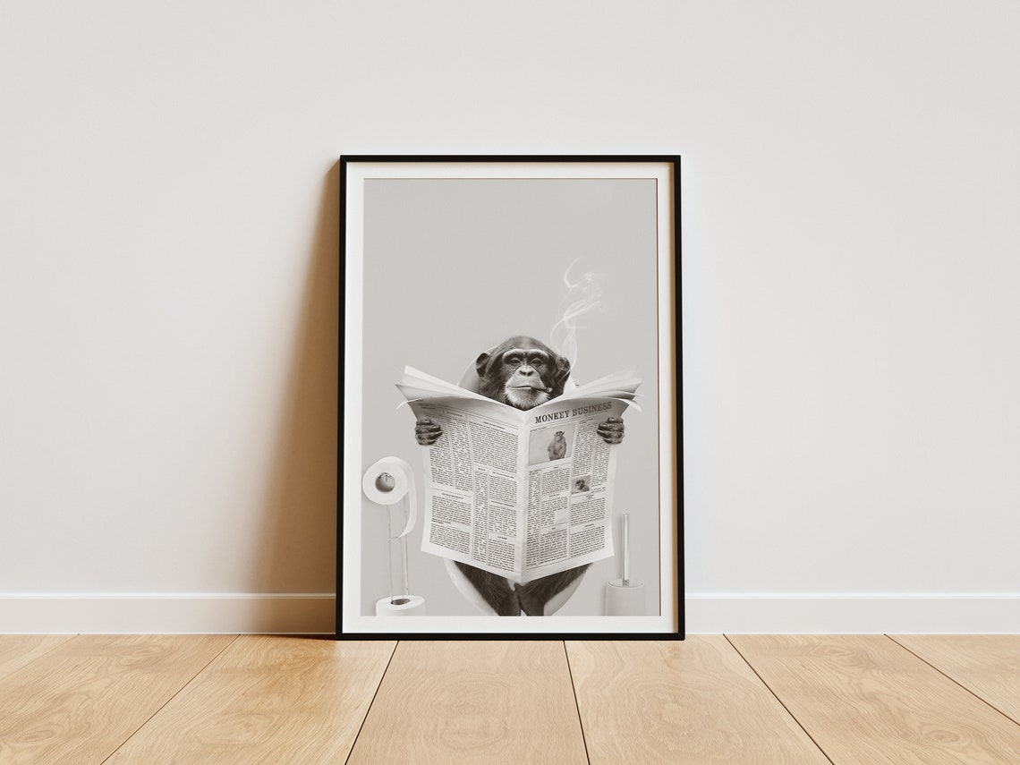 Black and White Monkey Reading Newspaper Toilet Humour Art Poster