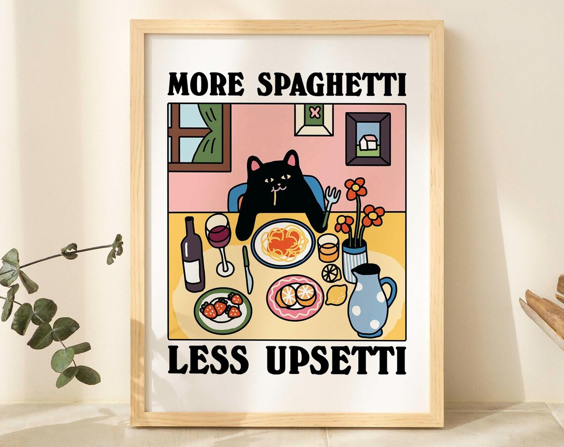 More Spaghetti Less Regretti Black Cat Poster, Retro Diner